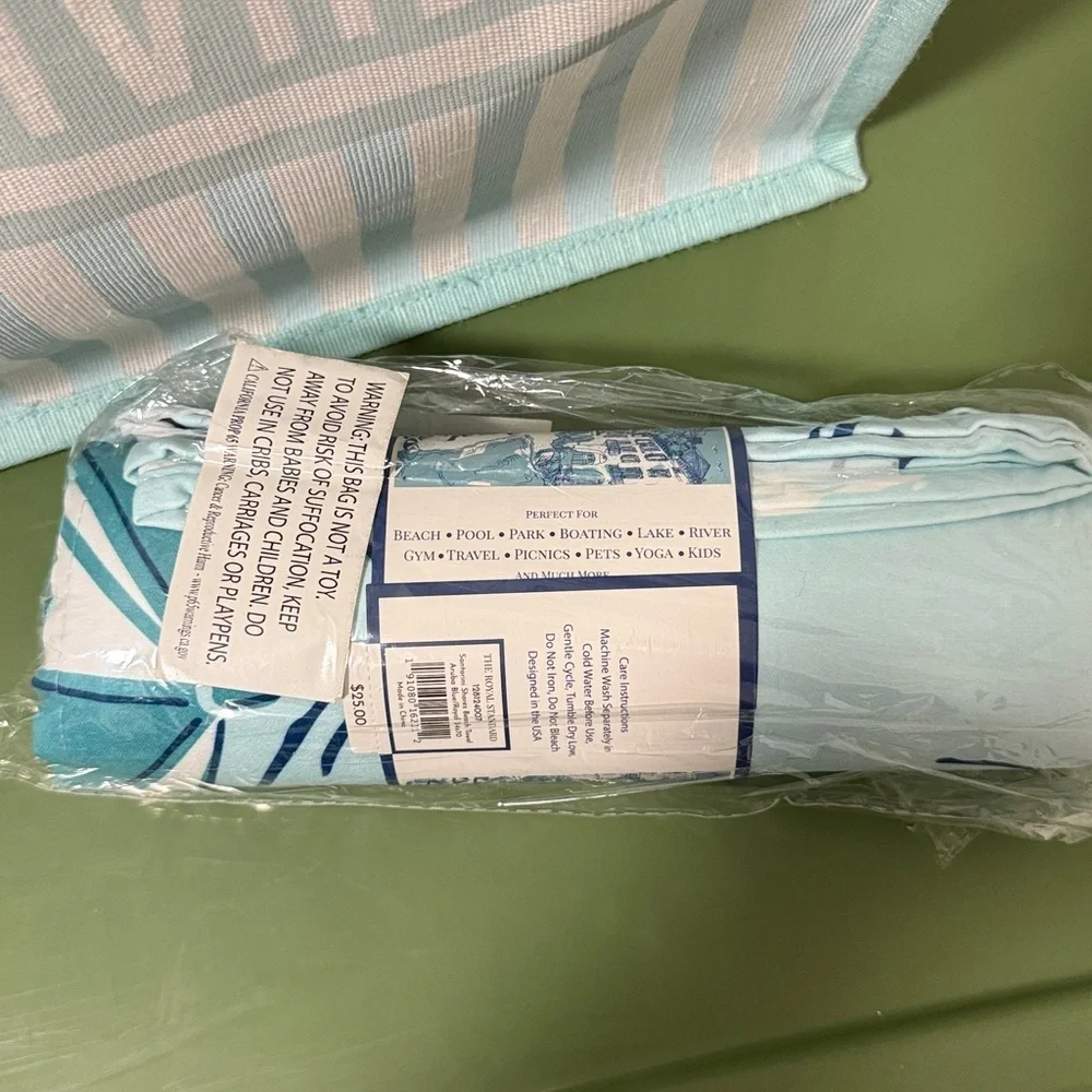 NWT The Royal Standard Joie De Vivre Jute Tote & Beach Towel. Aqua Blue/White.